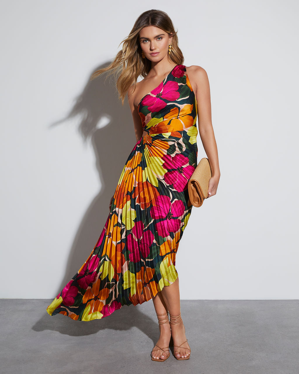 

Modern Day Glam Satin Pleated One Shoulder Cutout Asymmetrical Maxi Dress
