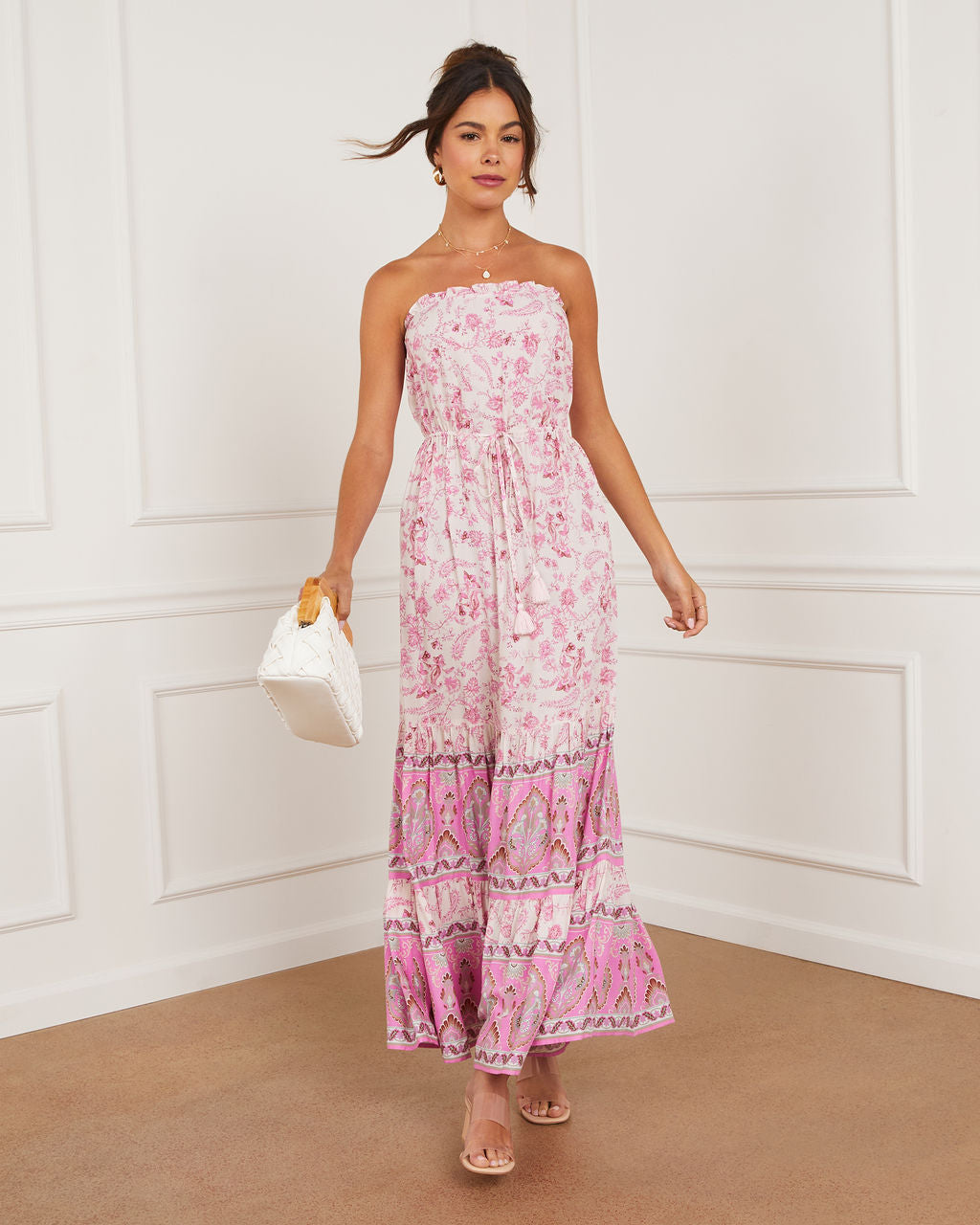 

Fia Strapless Border Print Tie Waist Maxi Dress