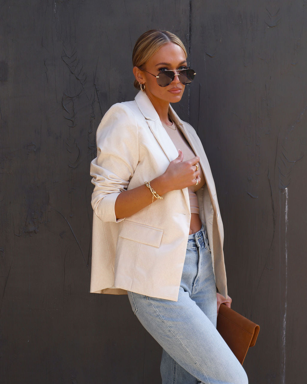 

Talk About It Faux Leather Pocketed Colorblock Blazer