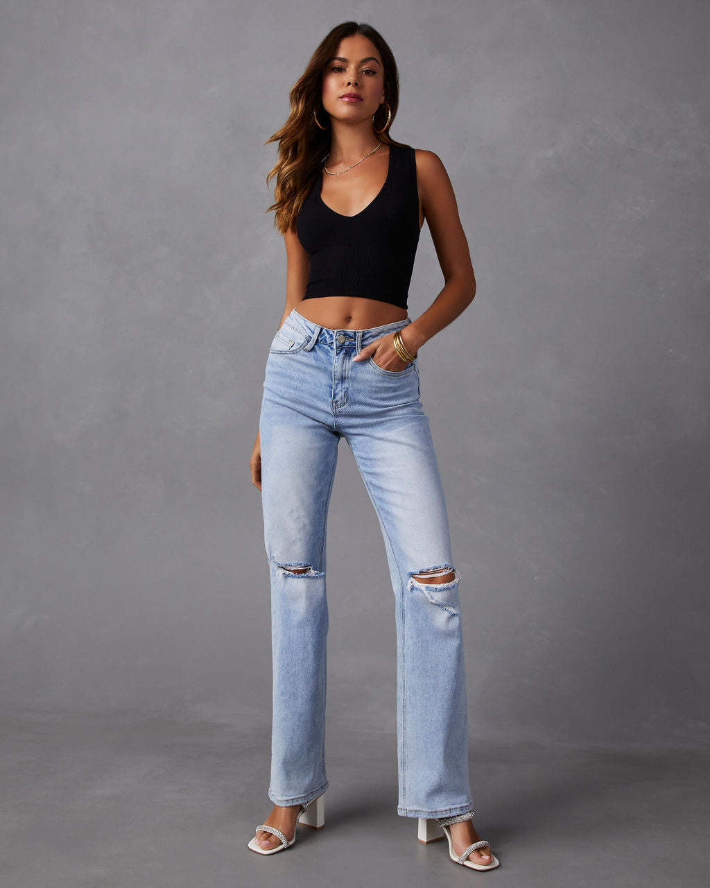 

Marlina Distressed High Rise Wide Leg Jeans