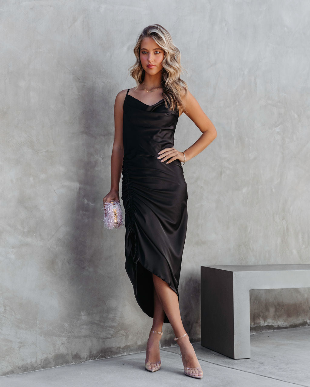 

Juliana Satin Cowl Neck Ruched Asymmetrical Maxi Dress
