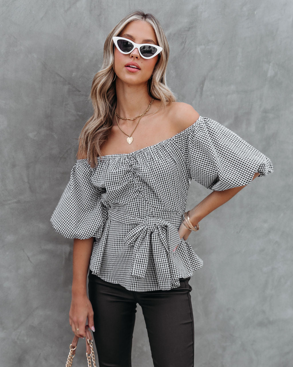 

Marbella Gingham Cotton Blend Puff Sleeve Top