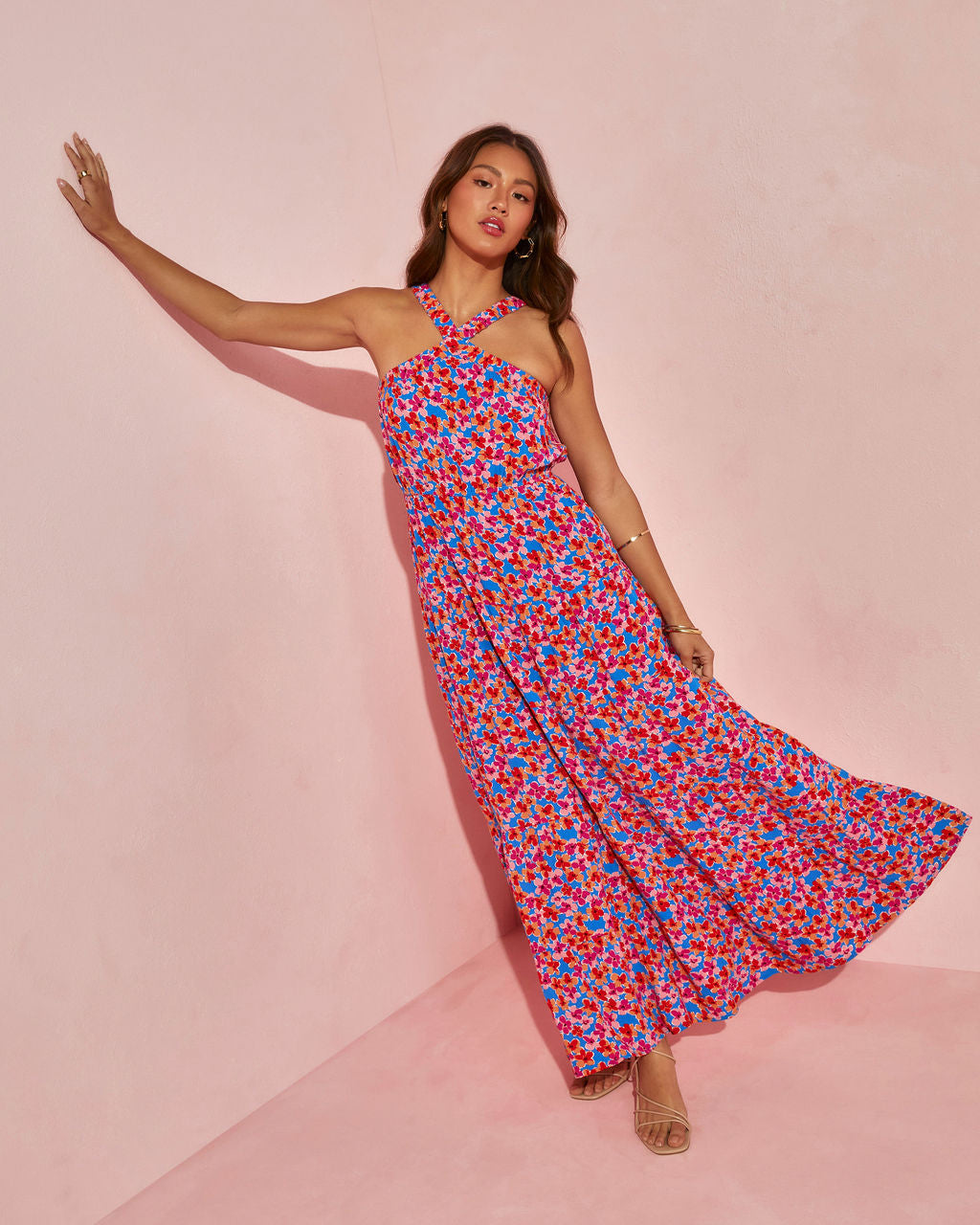 

Blooming Poppy Halter Tiered Maxi Dress
