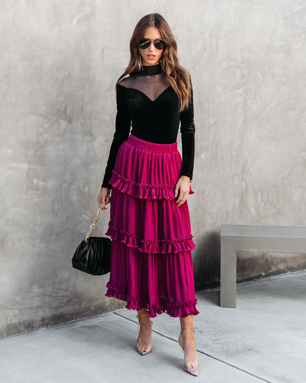 

Nasreen Plisse Chiffon Tiered Maxi Skirt