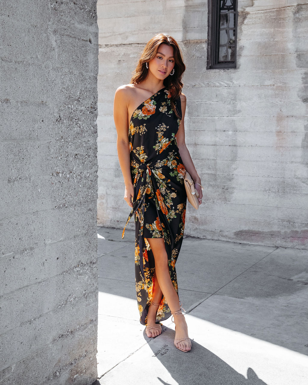 

Romina Floral Front Tie One Shoulder Midi Dress