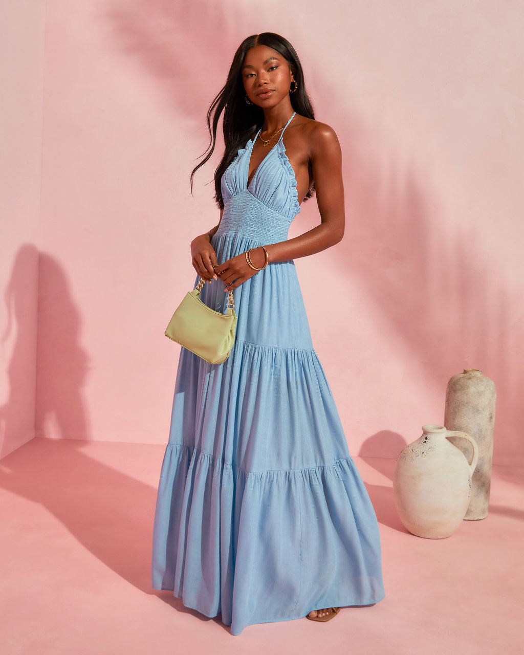 

Whisked Away Smocked Halter Pocketed Tiered Maxi Dress