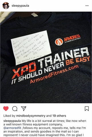 Instagram post from XPO Trainer customer @sleepypaula sharing her suprise gifts from Armored Fitness