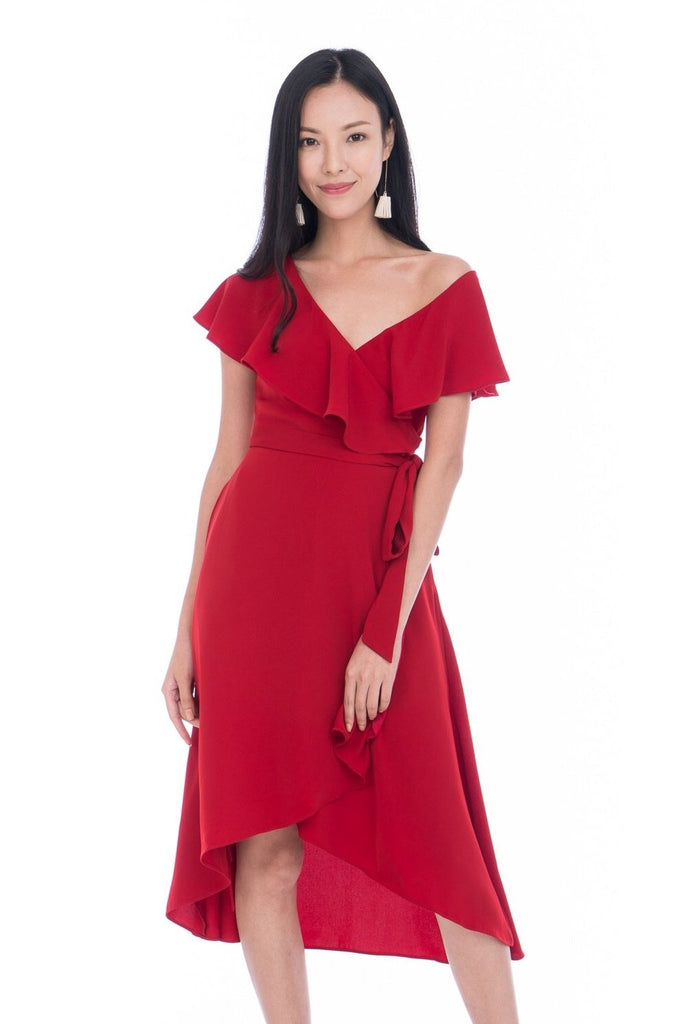 red flowy wrap dress