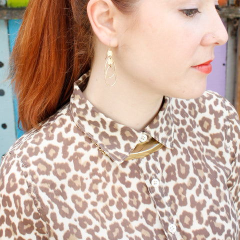 Layered Leaf Bar Necklace with Leopard Collared Shirt