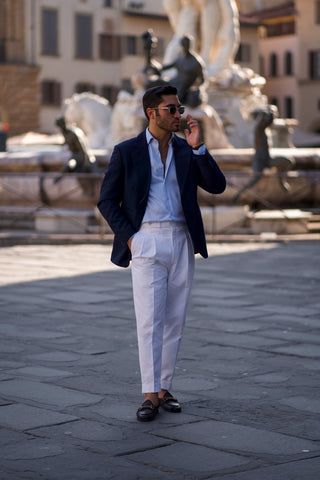 Italian Model wearing the Tangerine 14 Maranello Belgian Loafers