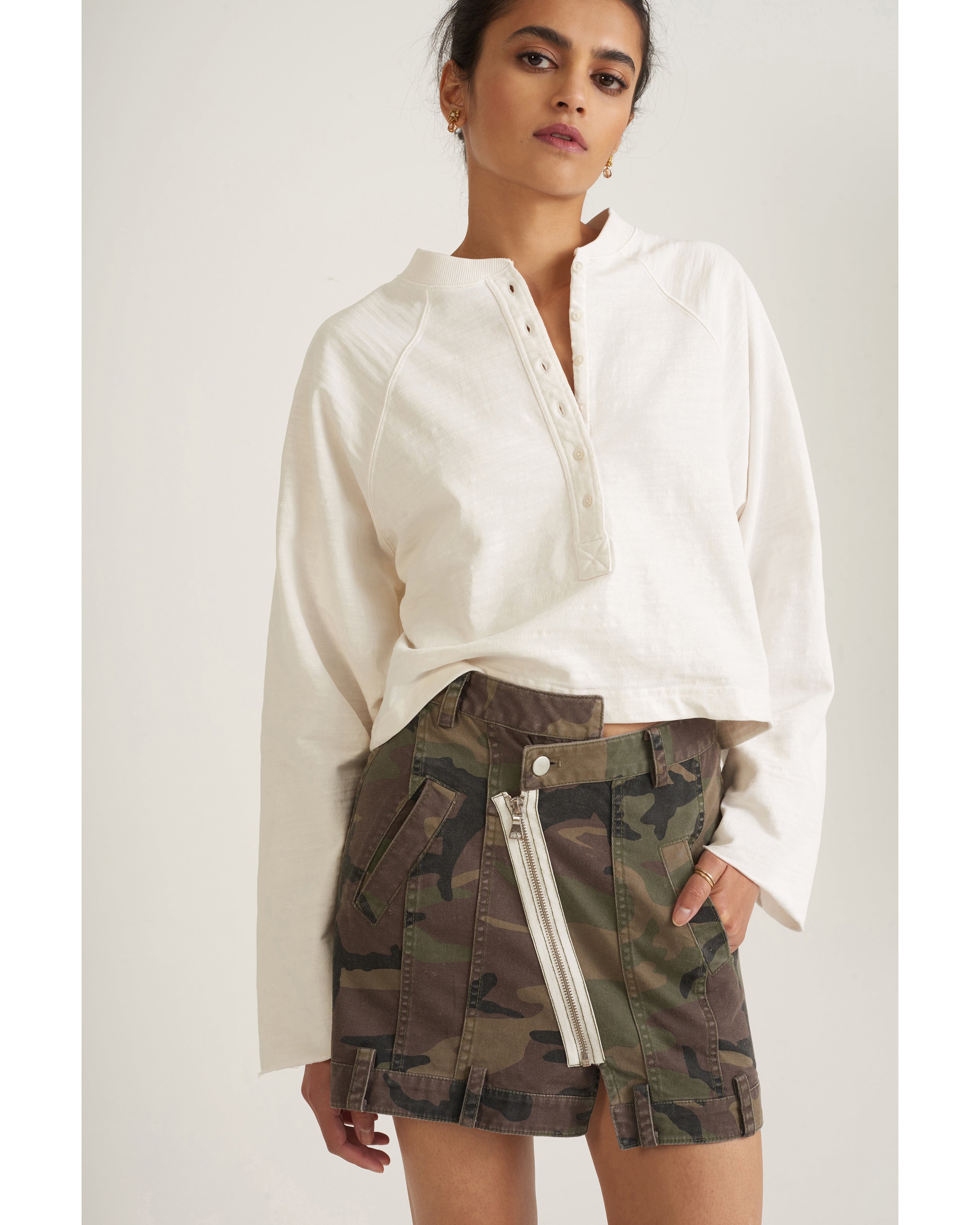 Eliza Canvas Zip Front Camo Skirt in Woodland Camo