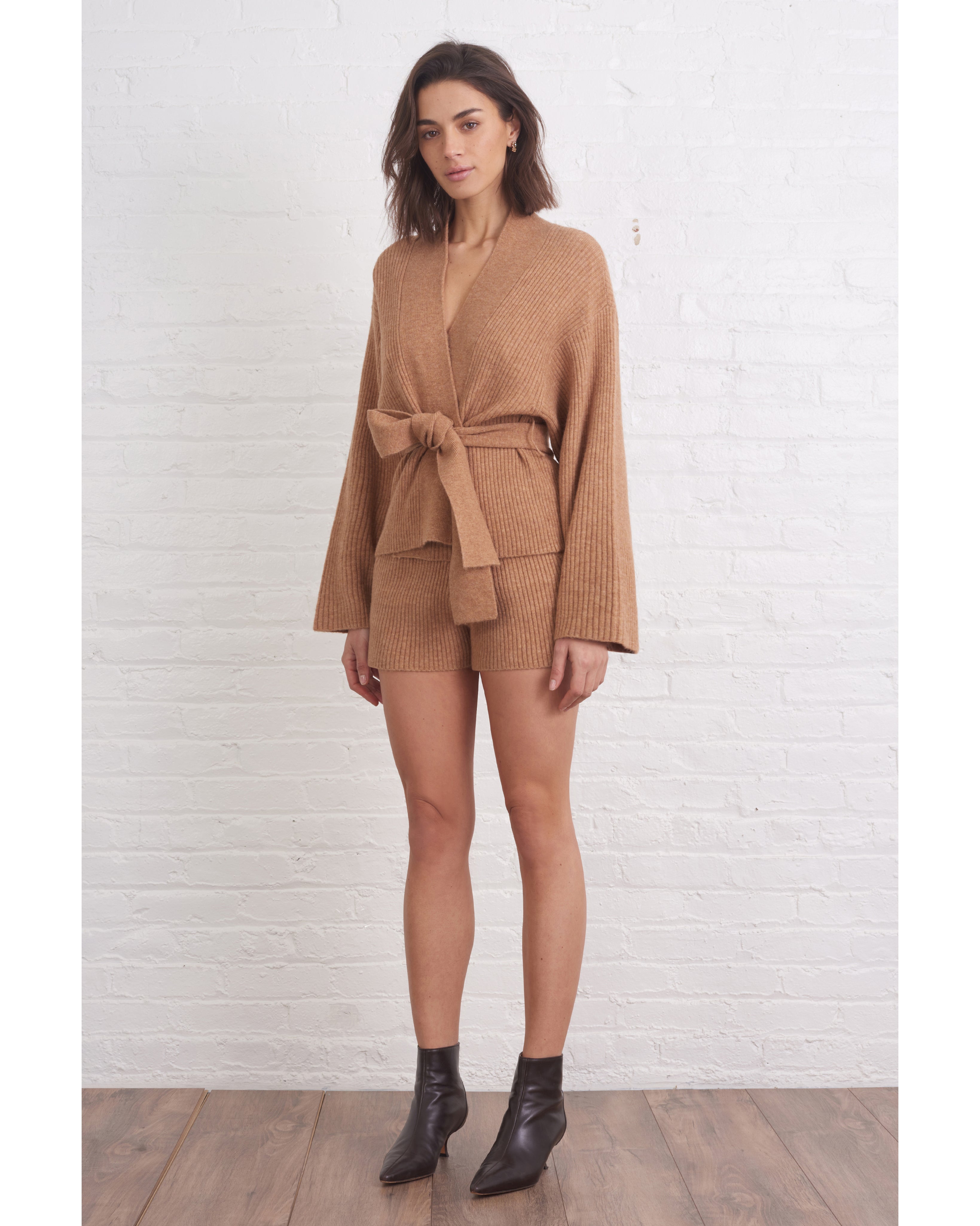 Kyrie Cashmere Blend Cropped Cardigan in Camel
