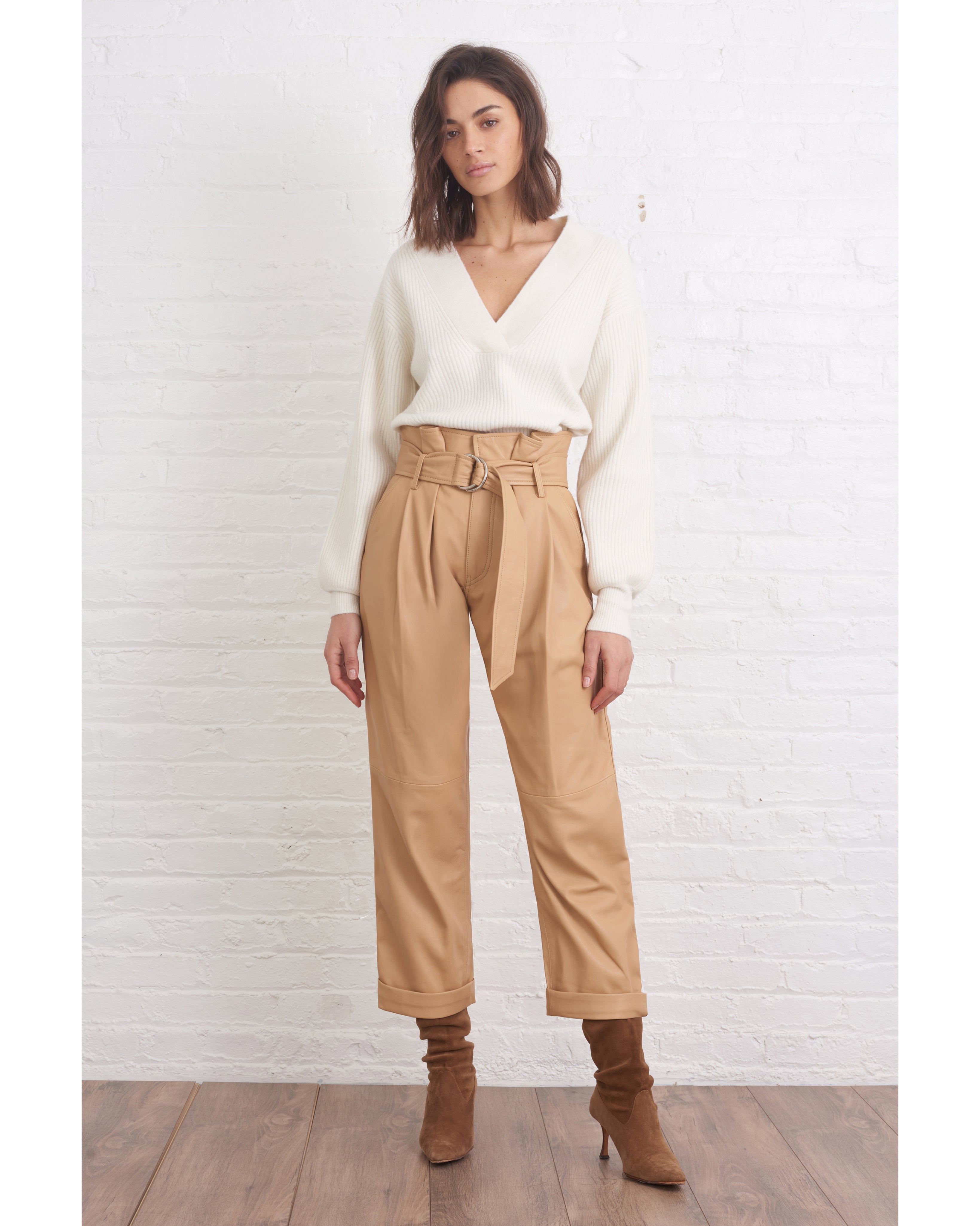 Dixon Leather Paper Bag Cropped Pant in Fawn