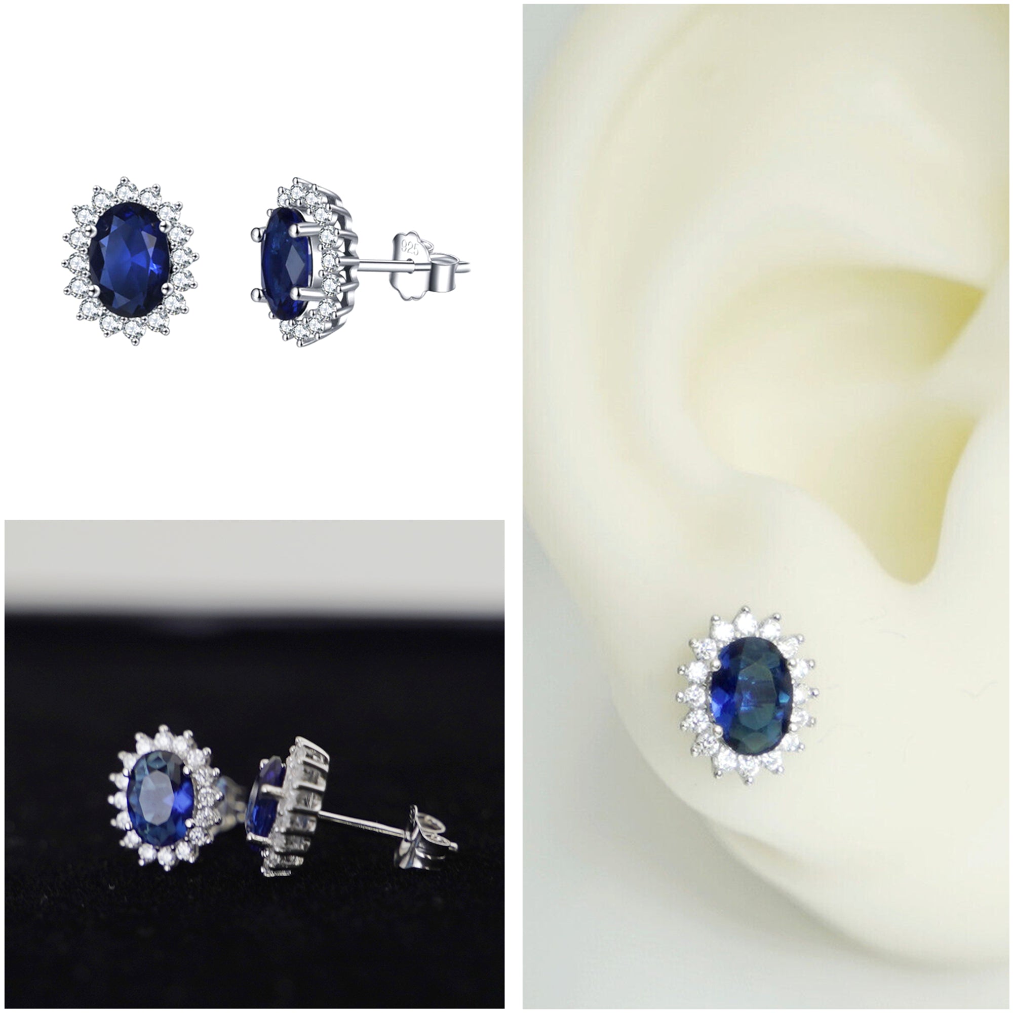 Sterling Silver Classic Cluster Blue Sapphire Colour CZ Stud Earrings Jewellery