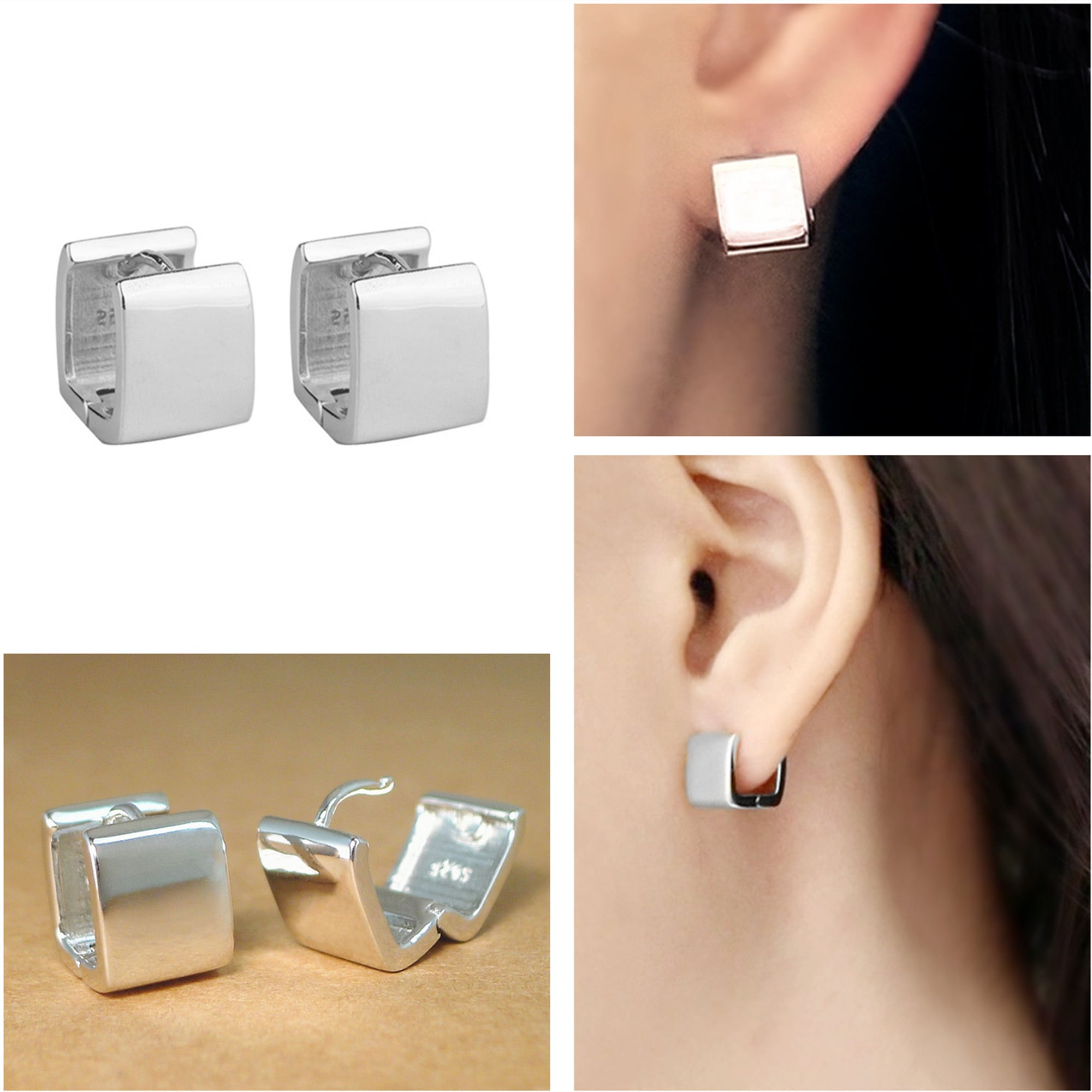 SKL sterling-silver-hoop-chunky-plain-square-cube-huggie-drop-unisex-earrings-boxed