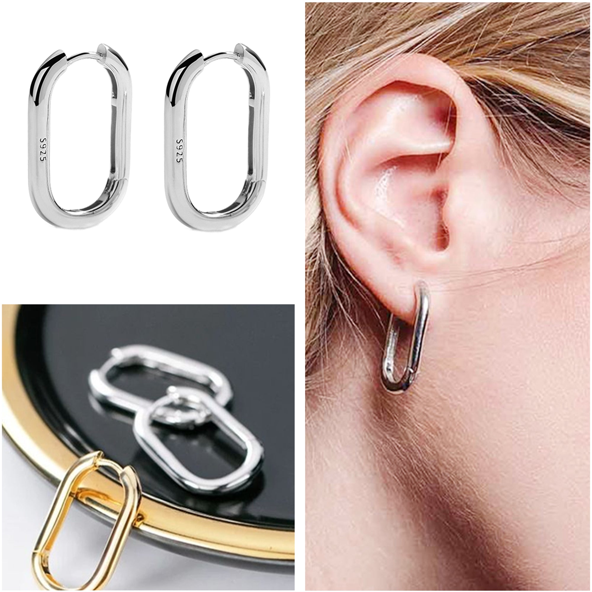 Rhodium on Sterling Silver Long Plain Shiny Oval Square Hoop Cuff Earrings 26mm