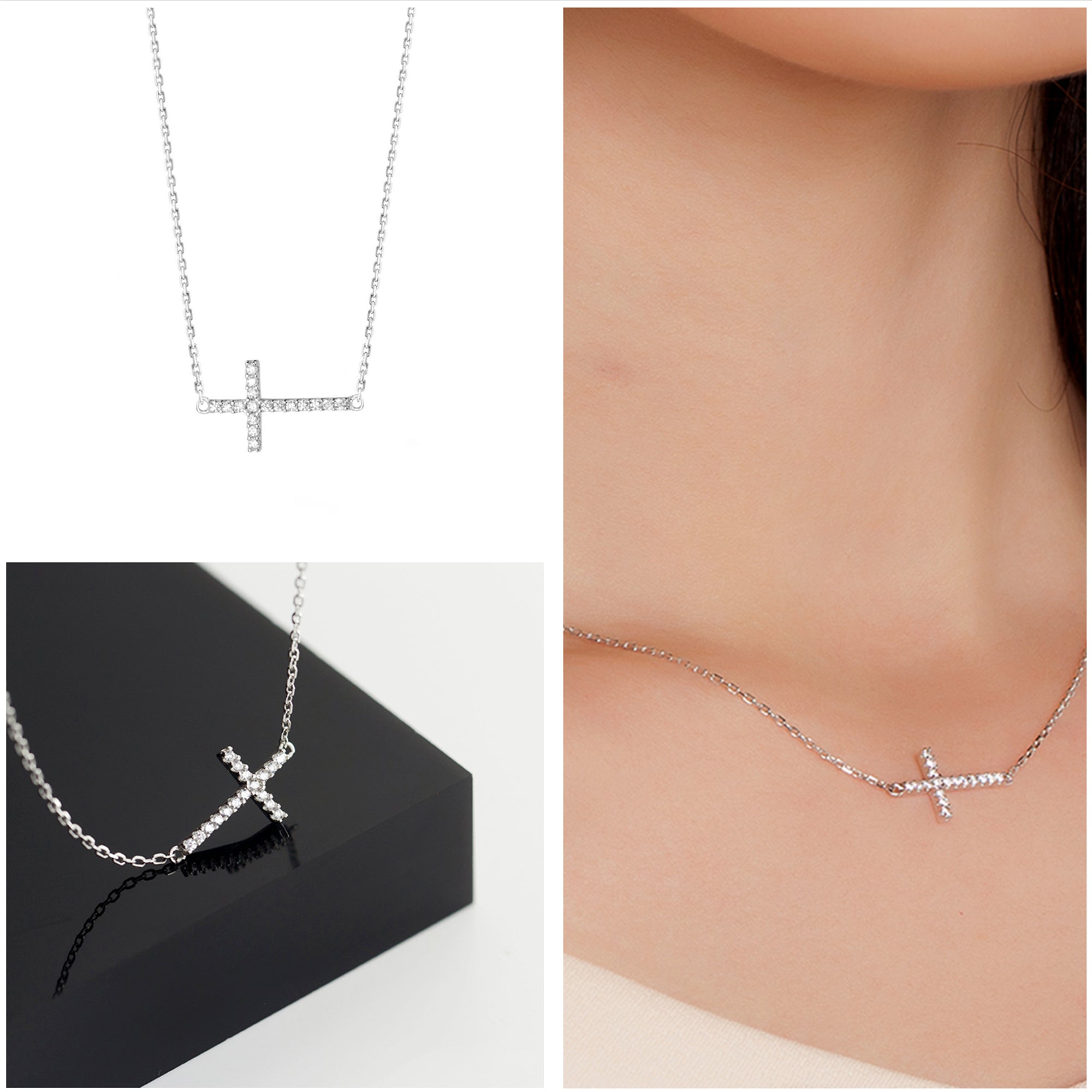 Sterling Silver Sideways Cross Micro Pave CZ Horizontal Pendant Necklace