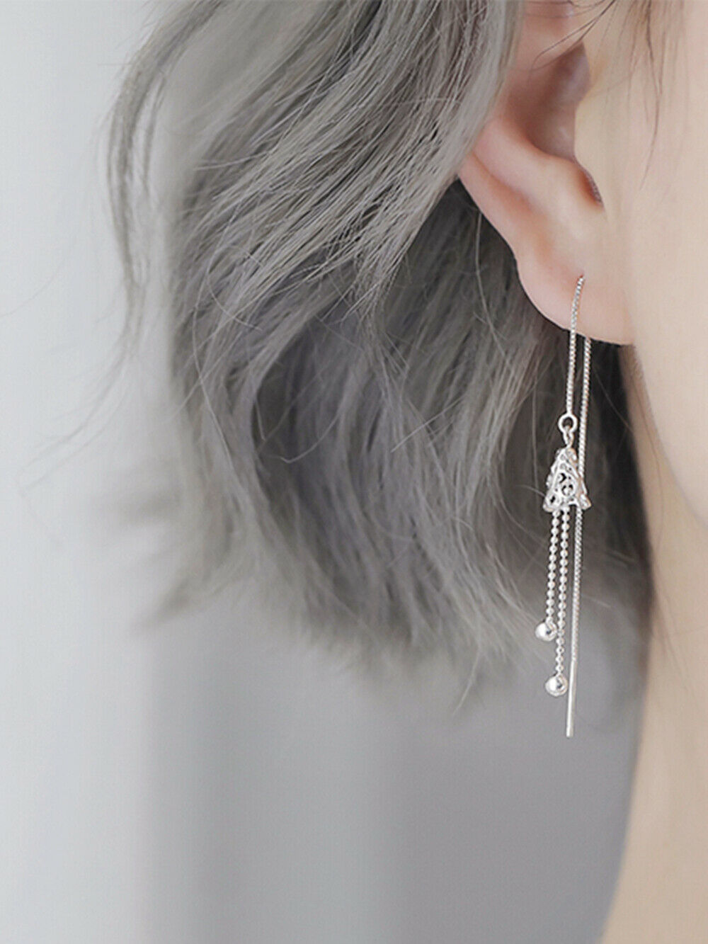 Silver Bead threader earrings.