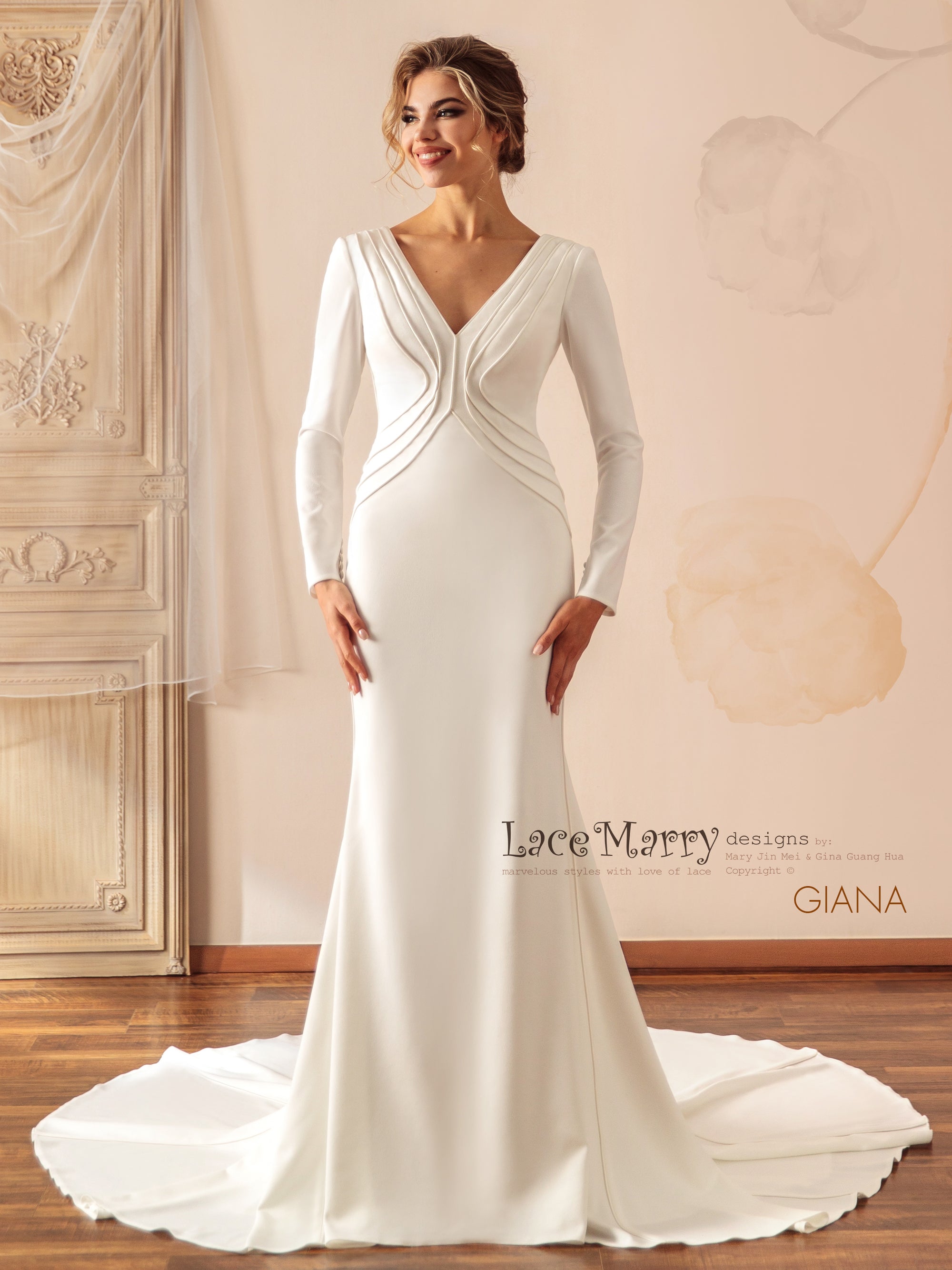 CLEMENTINE LUX / Elegant Wedding Dress with Long Sheer Sleeves - LaceMarry