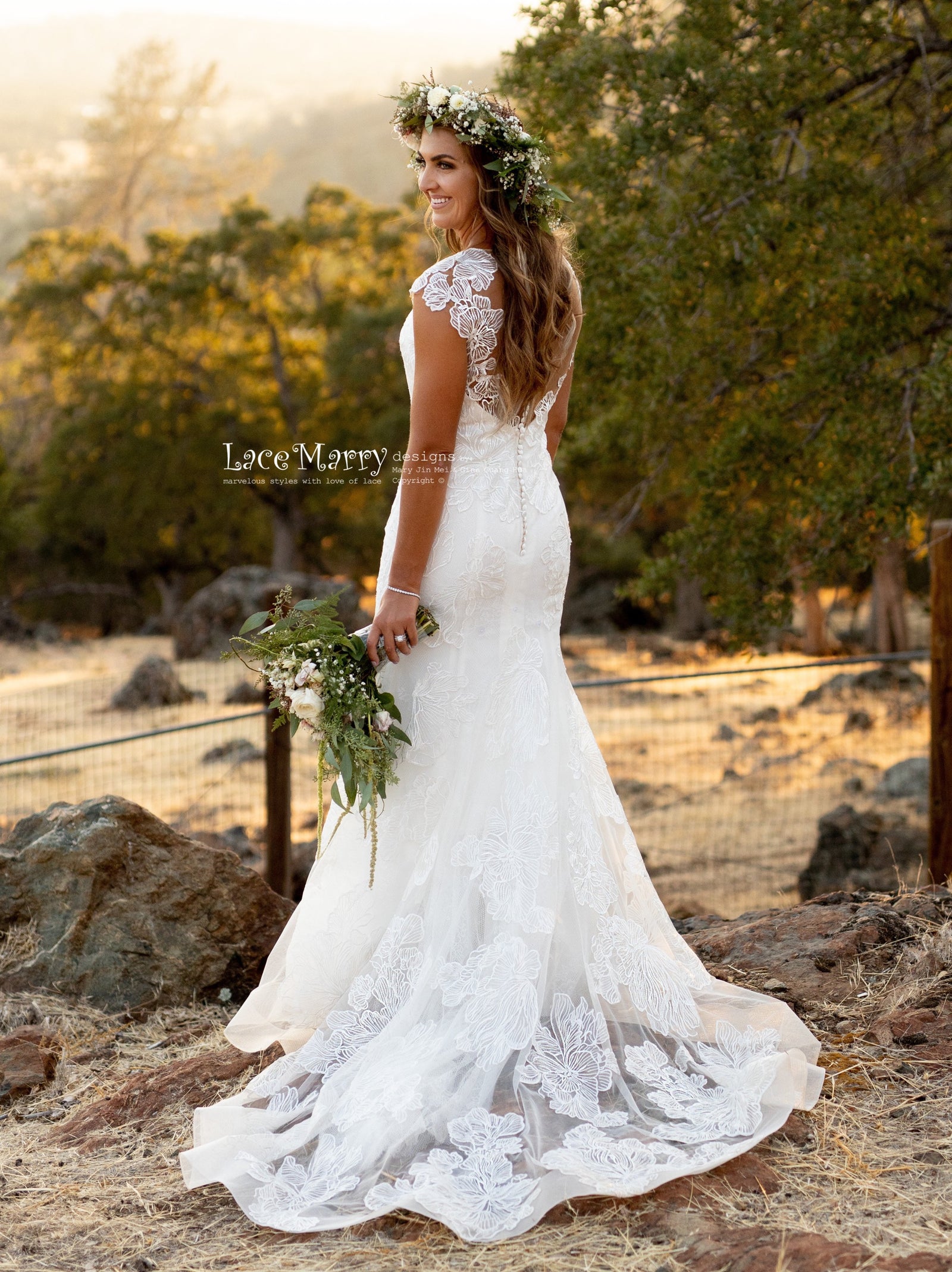 ERIN / Sparkling Wedding Dress with Off the Shoulder Long Sleeves -  LaceMarry