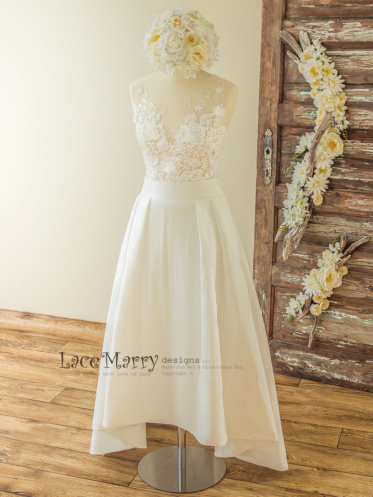 Two Piece Wedding Dress Set - Lace Crop Top with Round Neckline - LaceMarry