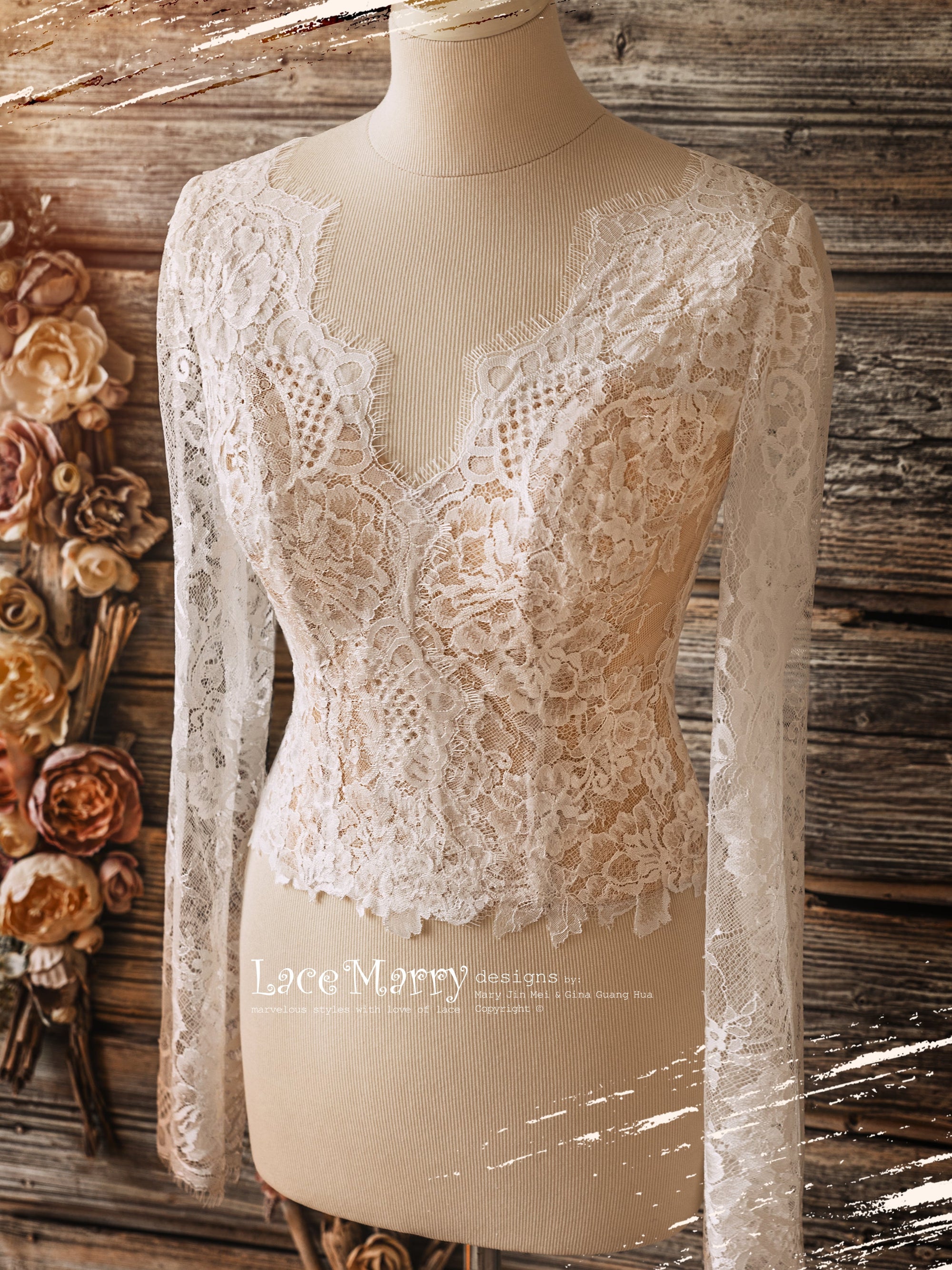 V Neck Lace Bridal Top with Long Sleeves - LaceMarry