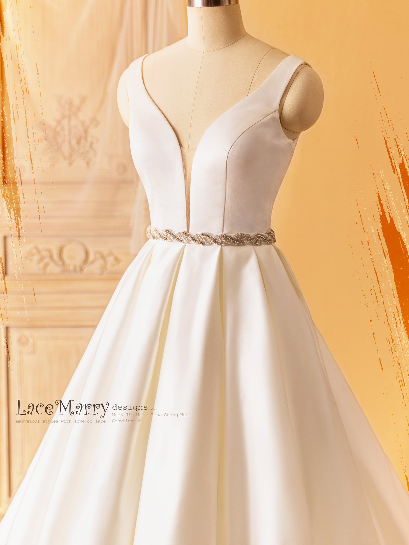 MALENA / Strapless Deep Plunge Wedding Dress with Delicate Hand Beading,  Beach Wedding Dress, Sexy Strapless Wedding Dress
