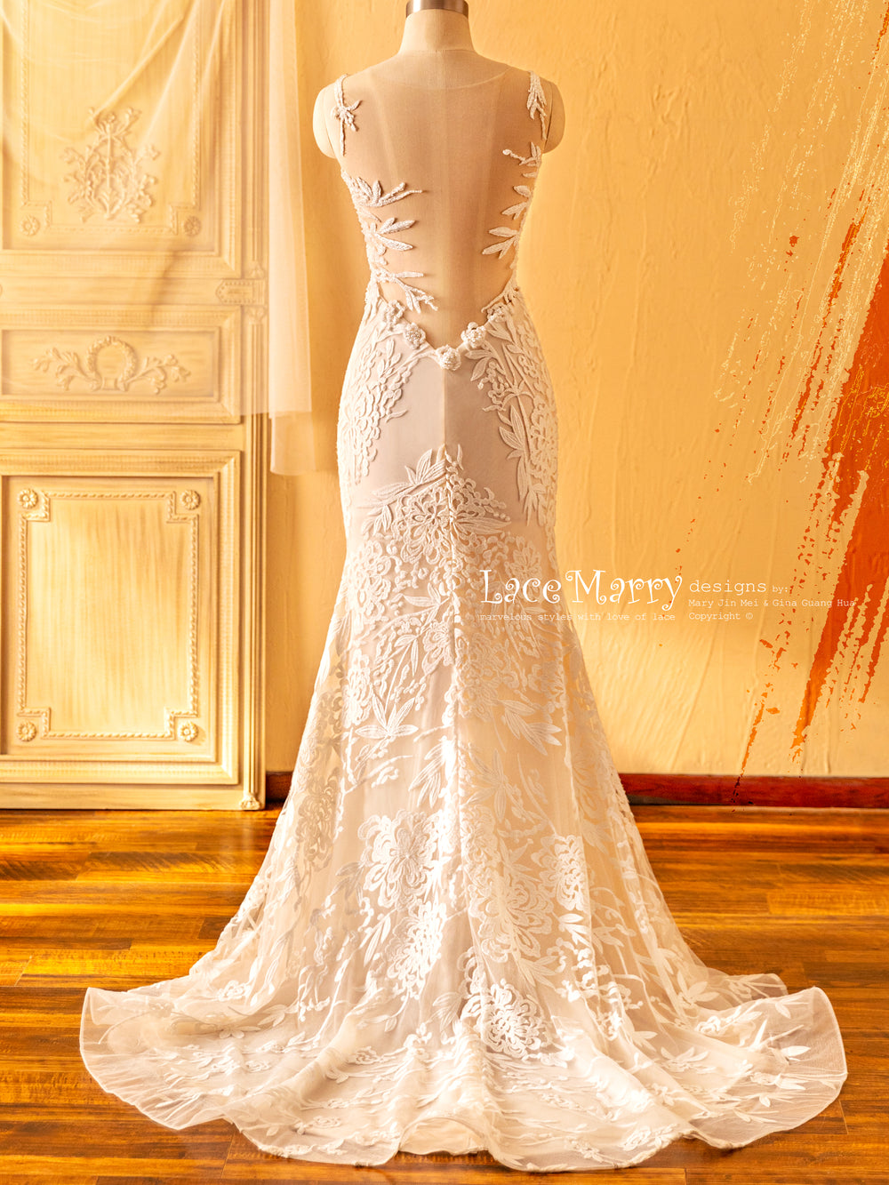 romantic-sheer-neckline-boho-wedding-dress-lacemarry