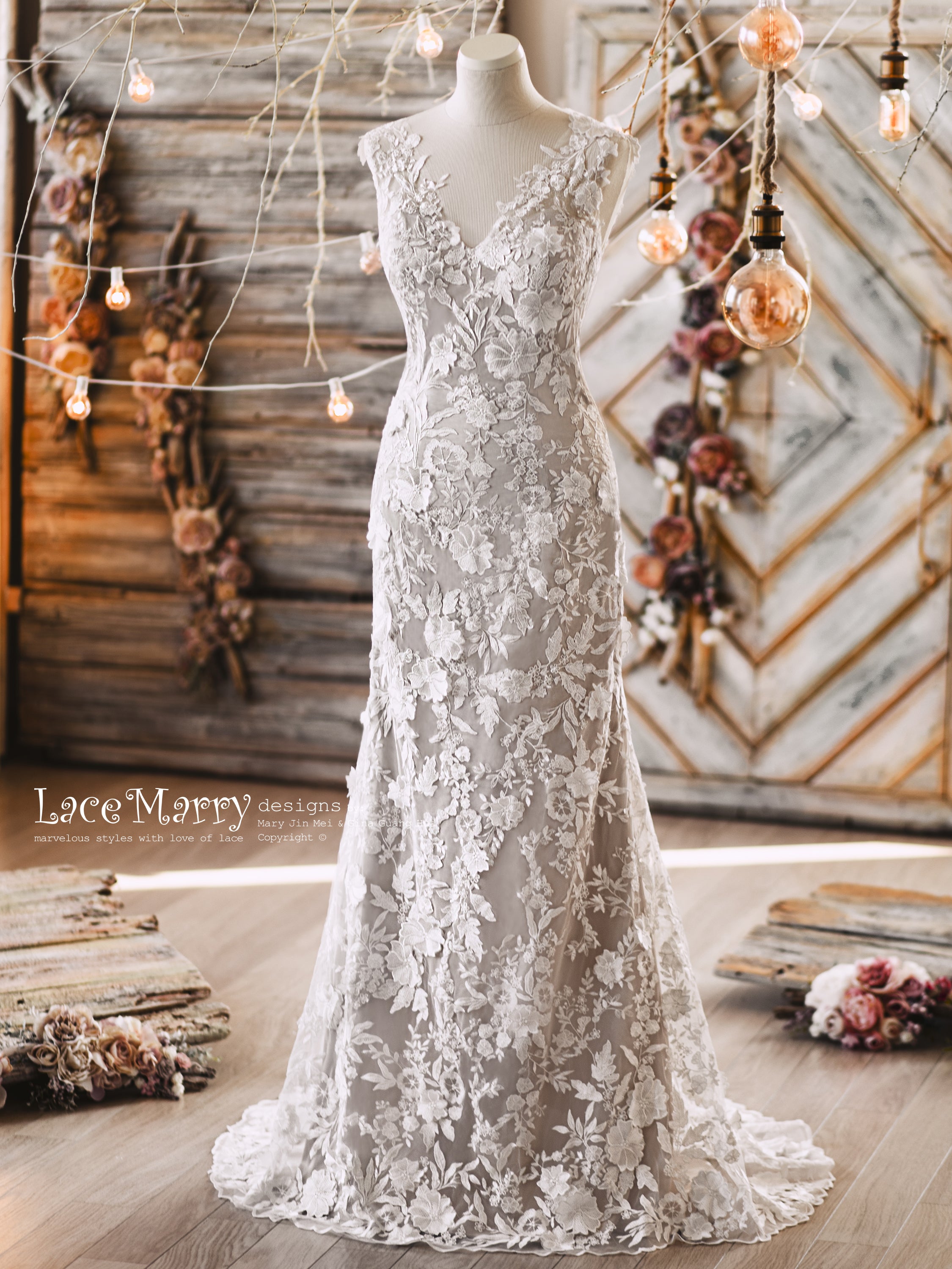 MARIE / Boho Wedding Dress with Colored Underlay - LaceMarry