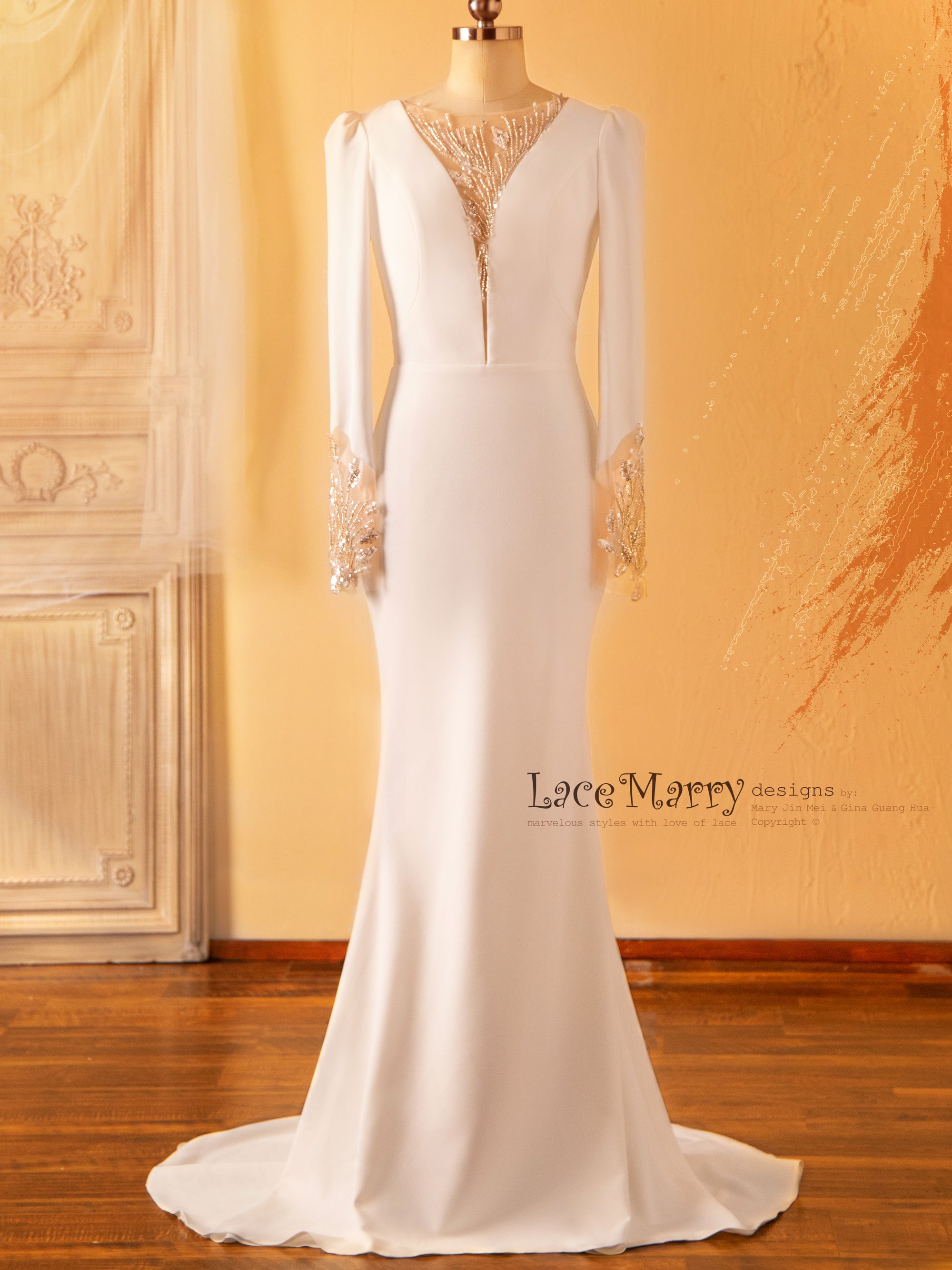 LILY / Gorgeous Custom Made Wedding Dress with Deep Plunge Neck - LaceMarry