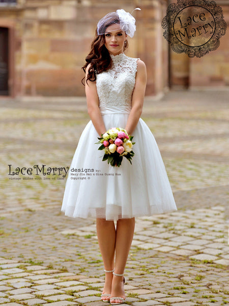 Custom Short Wedding Dress With Sweetheart Illusion Lace Bodice - LaceMarry