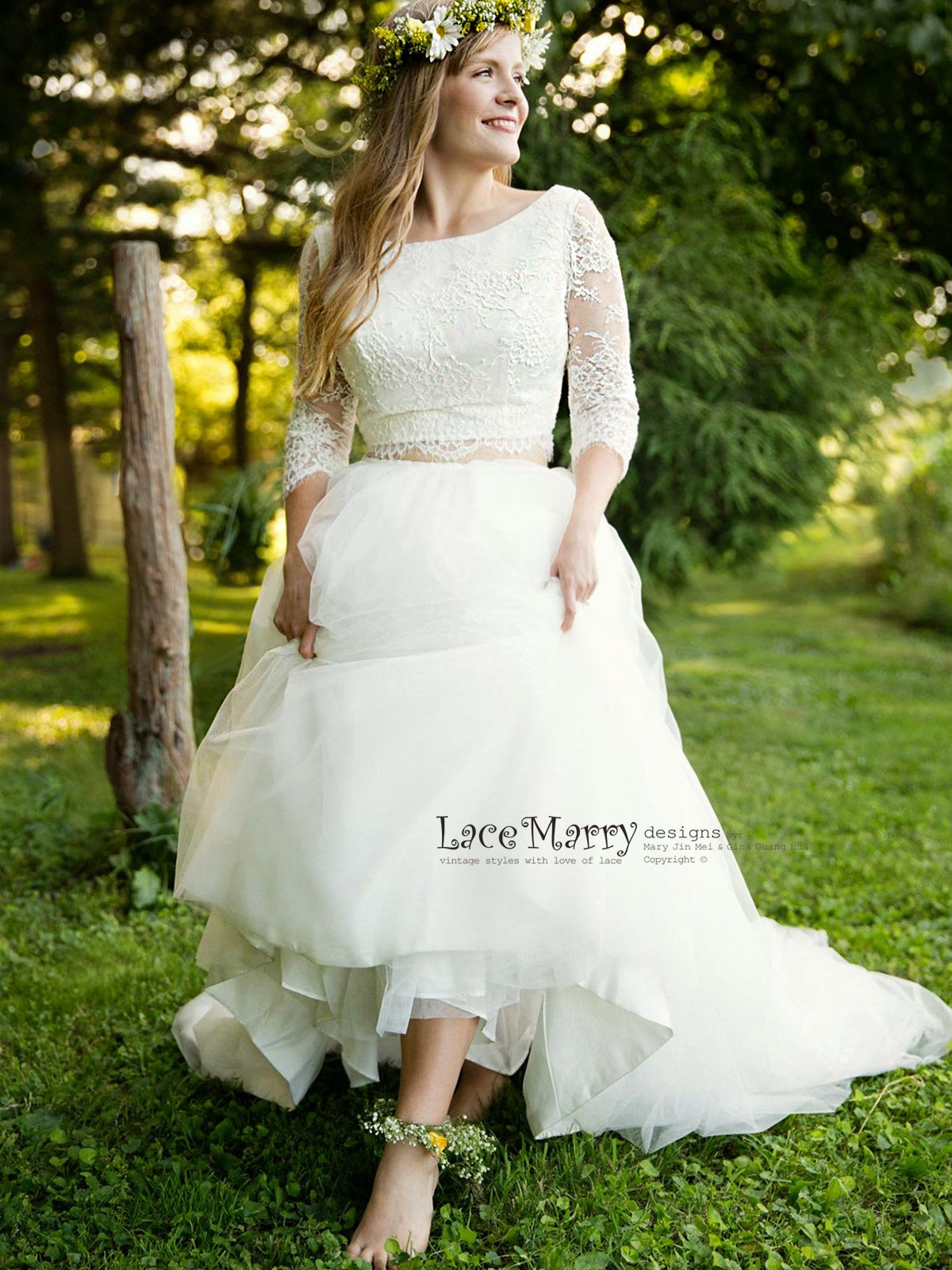 Two Piece Wedding Dress Set - Lace Crop with Neckline -