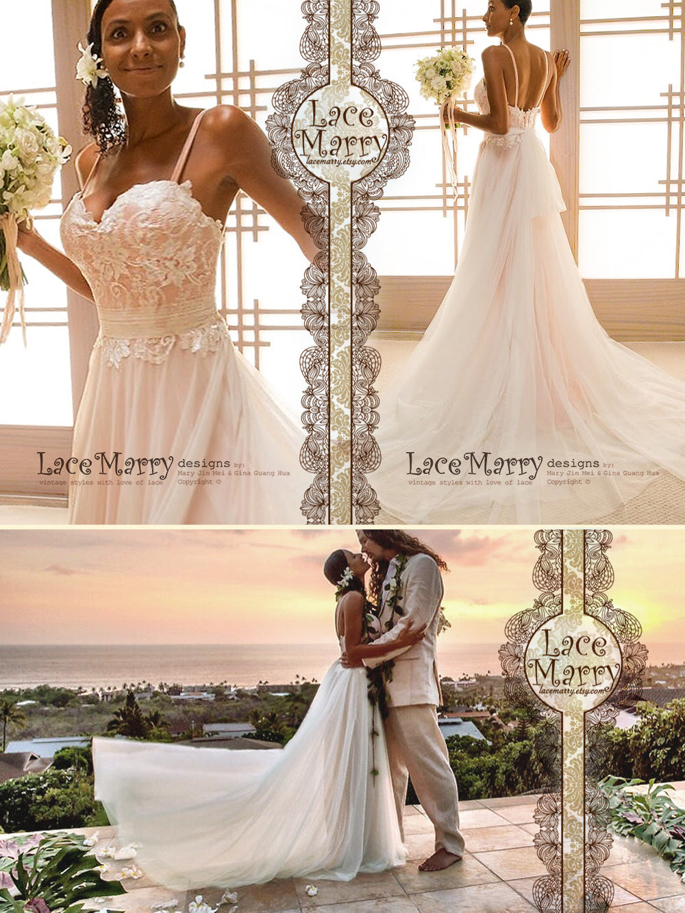 Rose Gold Beach Wedding Dress From Lace And Soft Tulle In Relaxed Silhouette With Sexy Sweetheart Neckline Spaghetti Straps And Small Train