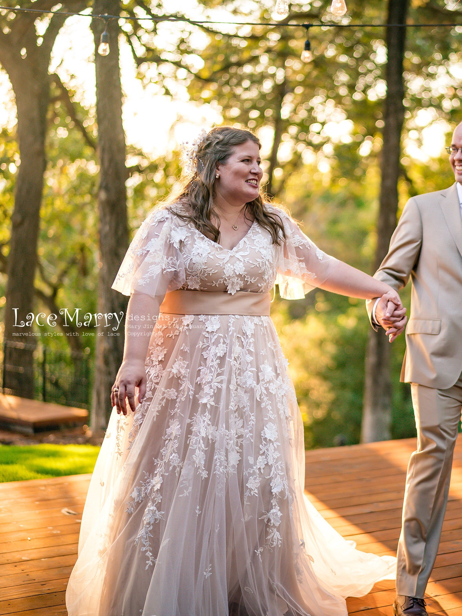 Boho Wedding Dress With Flutter Sleeves And Champagne Gold Underlay Lacemarry