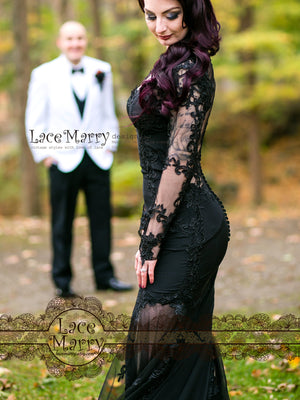 black wedding dress lace sleeves