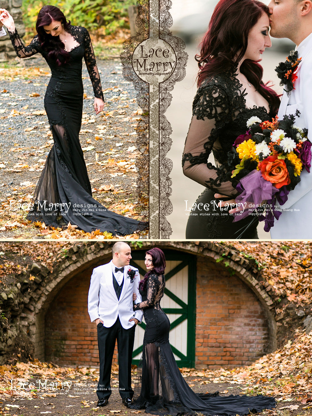 black floral wedding dress