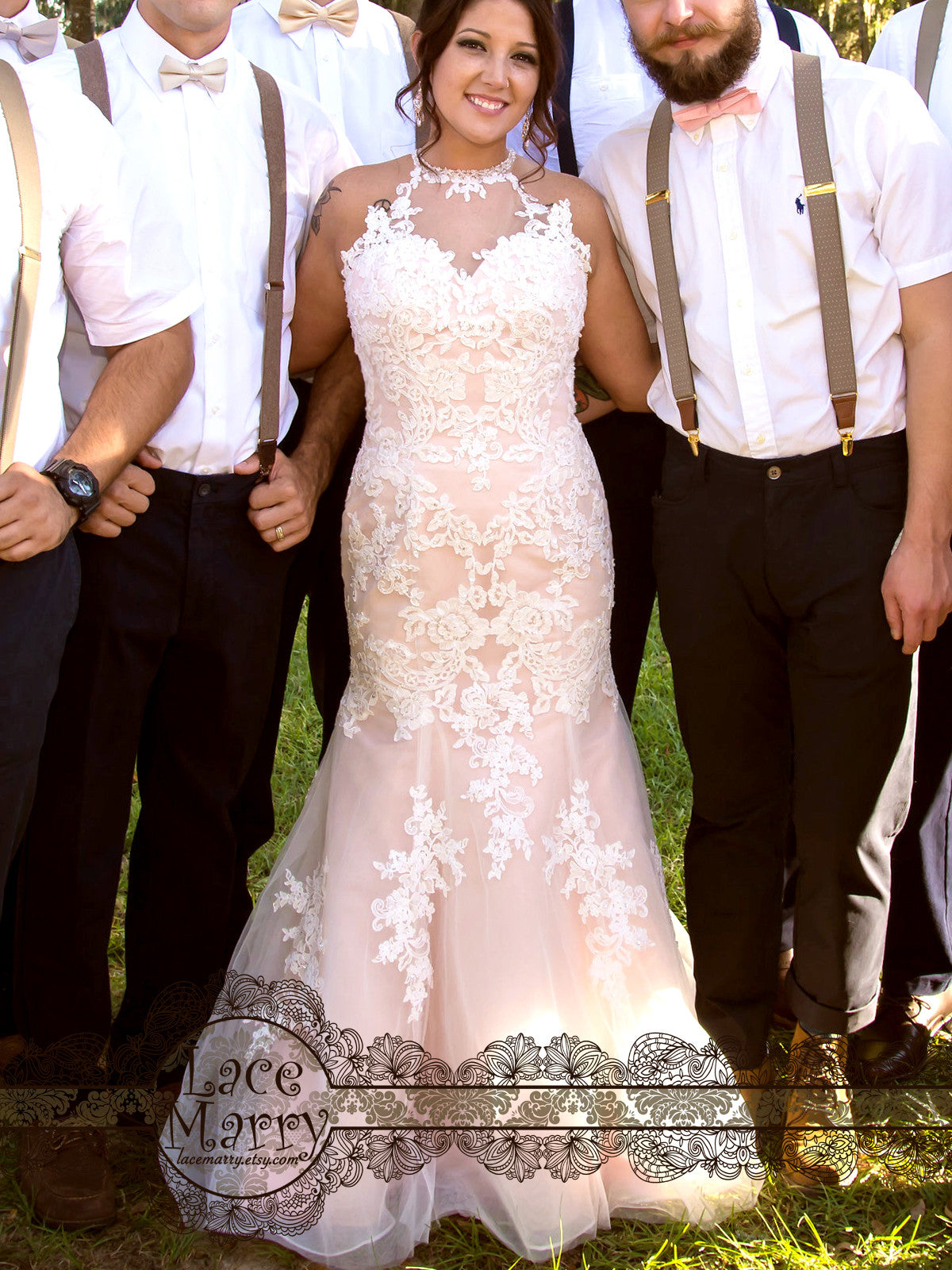 Sparkly Light Lilac Wedding Dress with Floral Appliques - LaceMarry