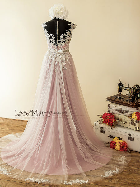 Lilac Underlay  Boho Wedding  Dress  with Illusion Neckline 