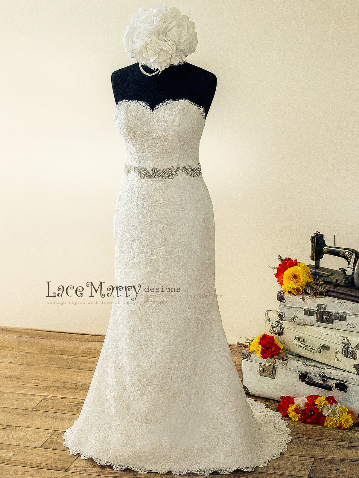 strapless a line lace wedding dress