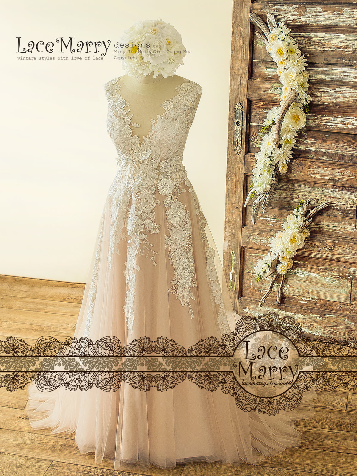 Boho Wedding Dress with Flutter Sleeves and Champagne Gold Underlay -  LaceMarry