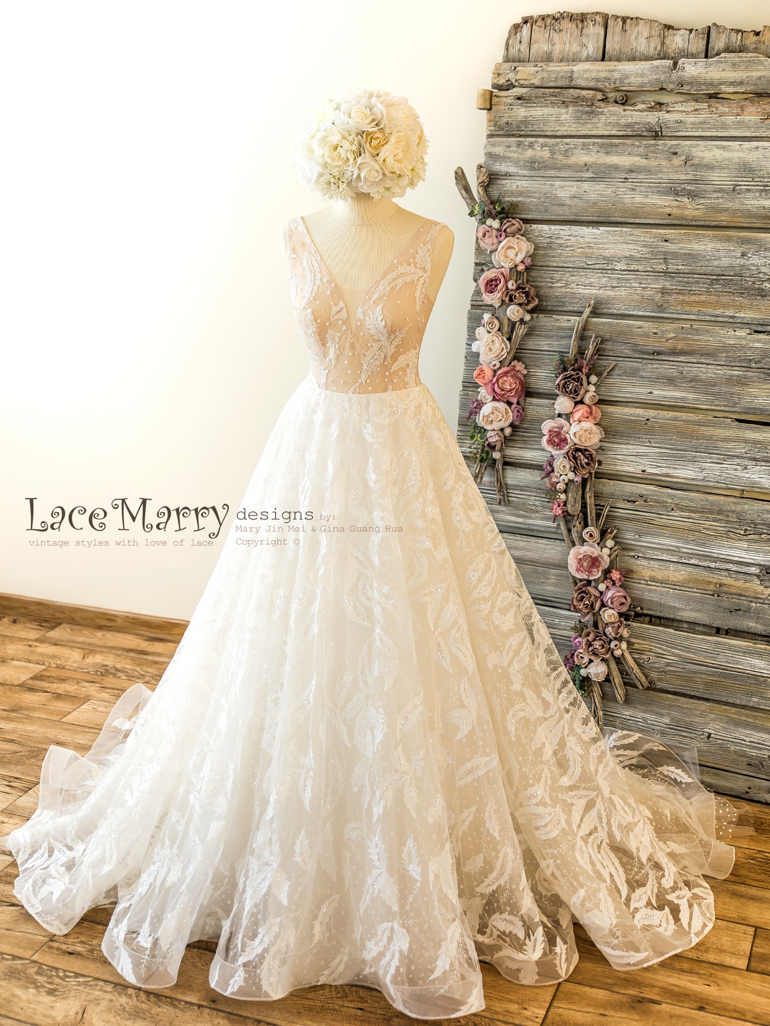 Unique Lace Wedding Dress in Sparkly Feather Pattern - LaceMarry