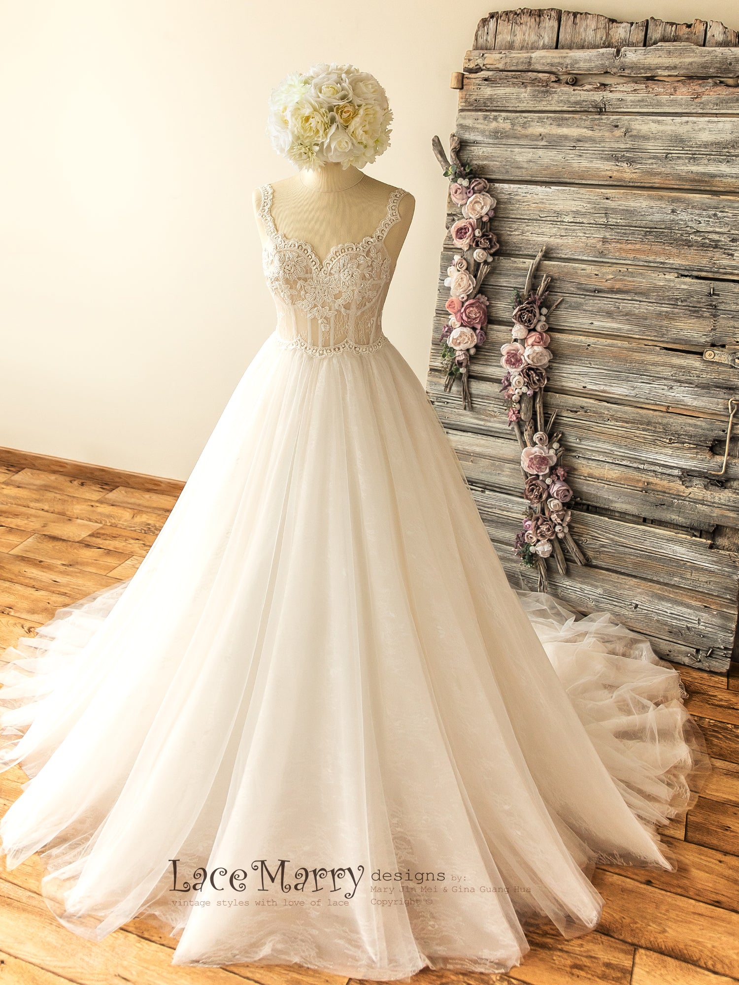Swirl Lace Strapless Wedding Dress With Corset Back, Corset