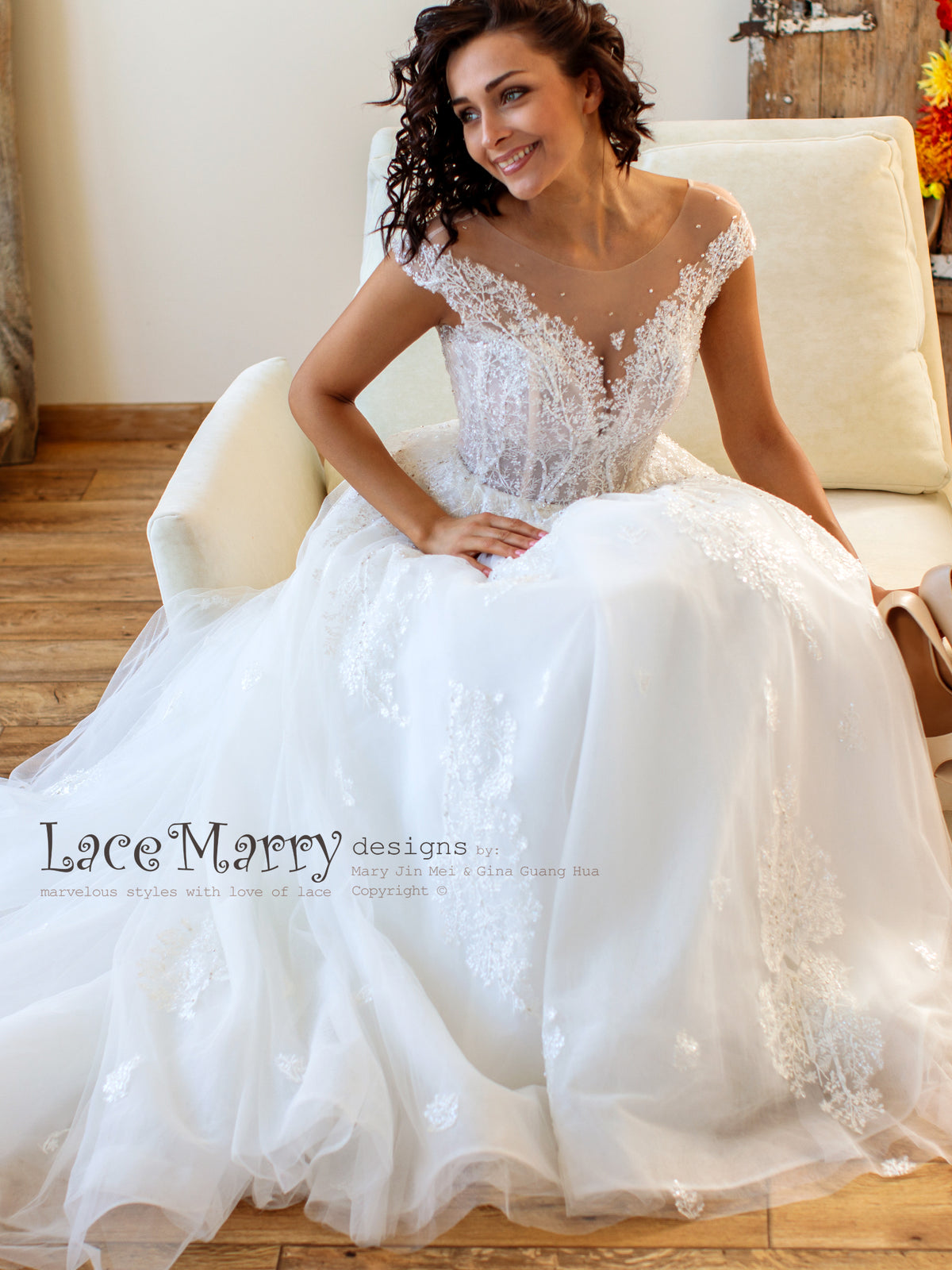Embroidered Lace Wedding Dress with Illusion Cap Sleeves - LaceMarry