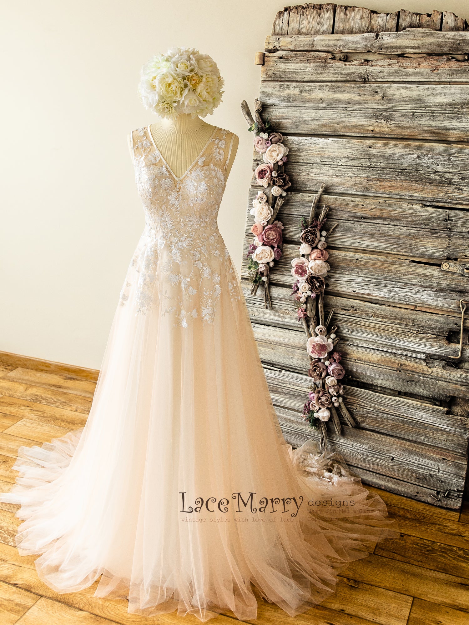 MARIE / Boho Wedding Dress with Colored Underlay - LaceMarry