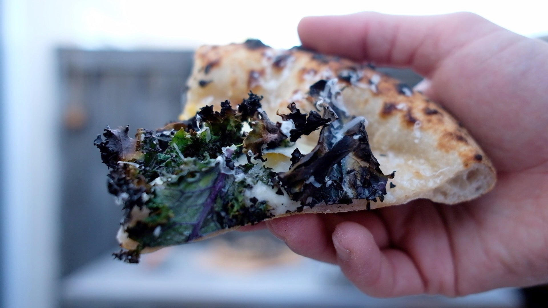 One hand holding a Neo-Neapolitan-style pizza slice with garlic cream, mozzarella, lavender and fennel goat cheese, purple kale and Parmigiano-Reggiano.