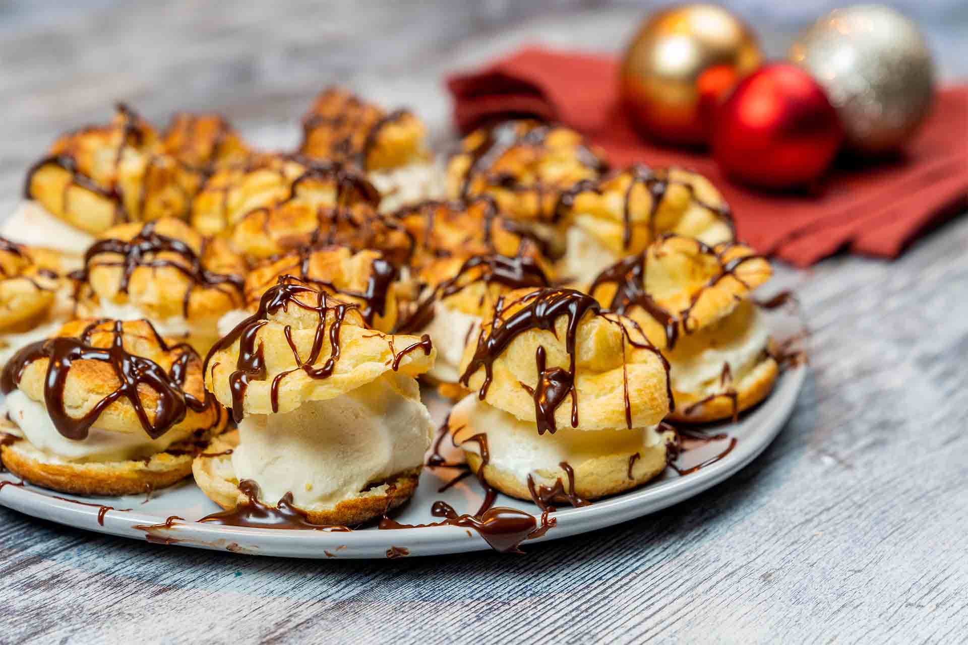 Ice Cream-Stuffed Profiteroles with Chocolate Sauce