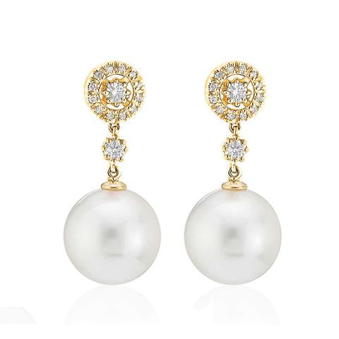Yellow Gold Diamond & Pearl Drop Earrings