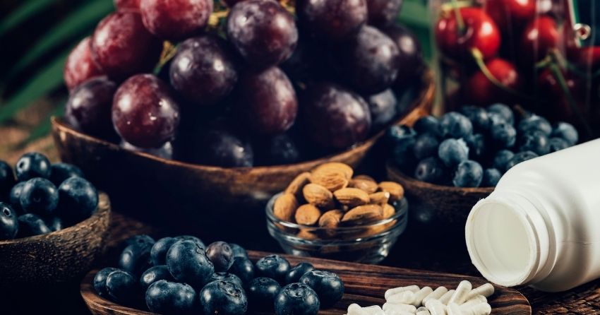 resveratrol is found primarily in red grapes and wine, and pterostilbene occurring in berries and nuts. 