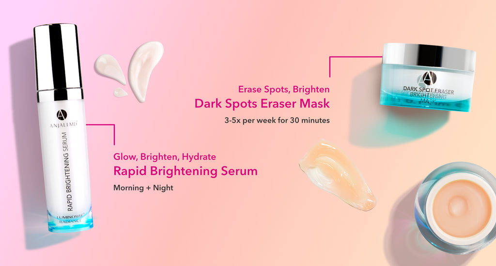 Erase Spots, Brighten Dark Spots Eraser Mask 3-5x per week for 30 minutes DARK SPOT ERASER BRIGHTENING MASK Glow, Brighten, Hydrate Rapid Brightening Serum Morning + Night