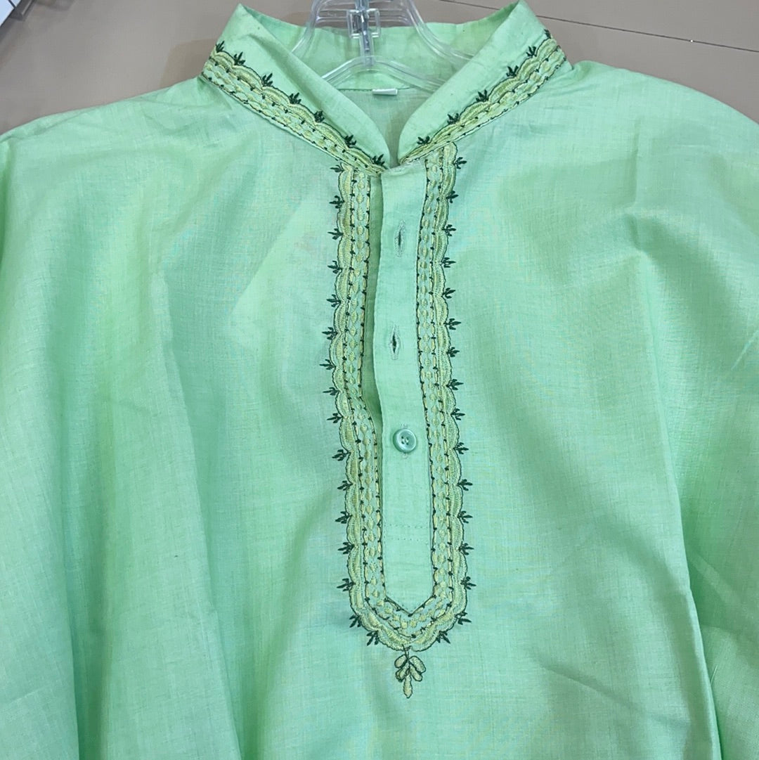 MEN'S LINEN COTTON EMBROIDERED SHORT KURTA - GREEN – Sarang